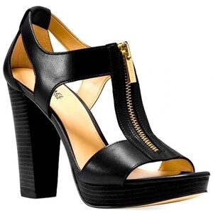 Michael Kors Berkeley Platform Sandal Heel in Black with Gold Zipper